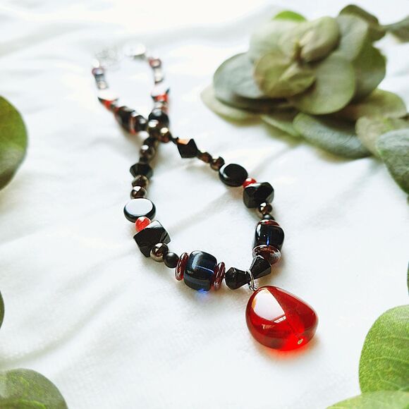 Goth Black Glass & Stone Beaded Choker with Red Teardrop Pendant, Adjustable - Picture 9 of 14